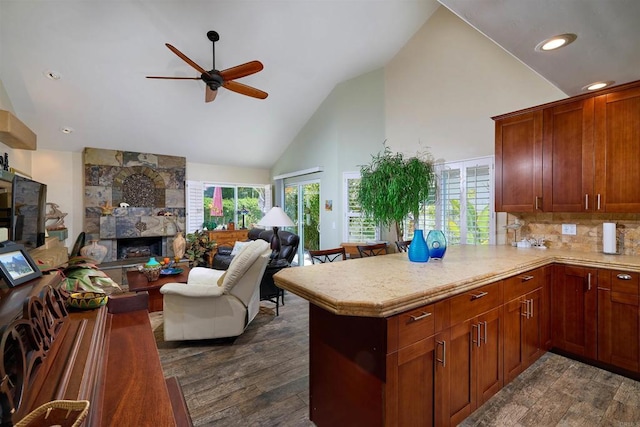 4547 Cordoba Way, Oceanside, CA 92056 - kitchen featuring a ceiling fan, high vaulted ceiling, open floor plan, light countertops, and dark wood finished floors
