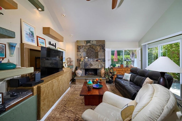 4547 Cordoba Way, Oceanside, CA 92056 - living room with ceiling fan, a fireplace, and high vaulted ceiling