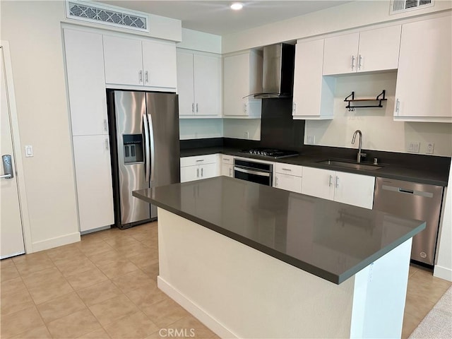 1326 Nolita, Irvine, CA 92612 - kitchen with appliances with stainless steel finishes, a sink, wall chimney range hood, dark countertops, and white cabinetry