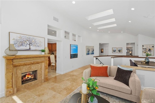 123 Costa Brava, Laguna Niguel, CA 92677 - living room with a skylight, recessed lighting, a premium fireplace, and high vaulted ceiling