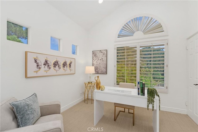 123 Costa Brava, Laguna Niguel, CA 92677 - home office with carpet floors, baseboards, lofted ceiling, and plenty of natural light