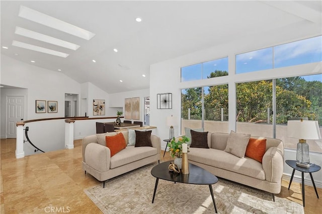 123 Costa Brava, Laguna Niguel, CA 92677 - living room with high vaulted ceiling, recessed lighting, and a skylight
