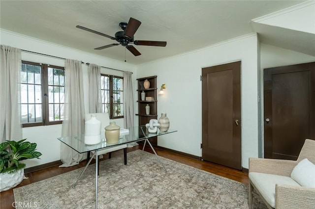 office with wood finished floors, crown molding, ceiling fan, and baseboards