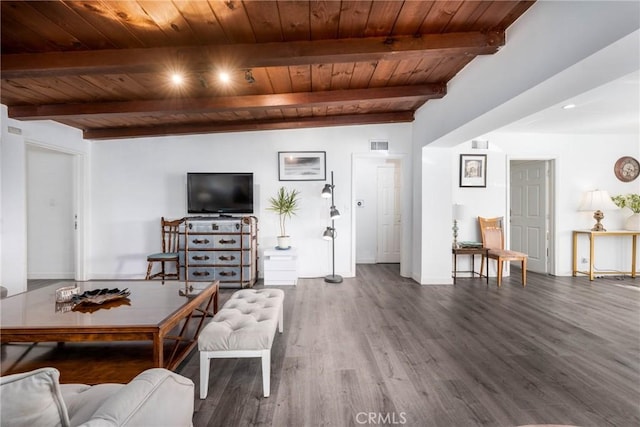 14027 Wyandotte St, Van Nuys, CA 91405 - living area featuring beam ceiling, wood ceiling, wood finished floors, and baseboards
