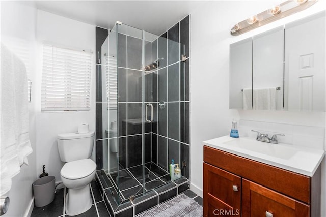 14027 Wyandotte St, Van Nuys, CA 91405 - full bathroom with toilet, a stall shower, baseboards, vanity, and tile patterned flooring