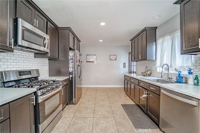824 S Fenimore Ave, Covina, CA 91723 - kitchen featuring appliances with stainless steel finishes, a sink, dark brown cabinets, decorative backsplash, and recessed lighting