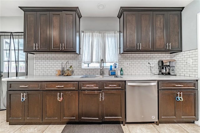 824 S Fenimore Ave, Covina, CA 91723 - kitchen featuring dishwasher, a sink, dark brown cabinetry, light countertops, and light tile patterned flooring