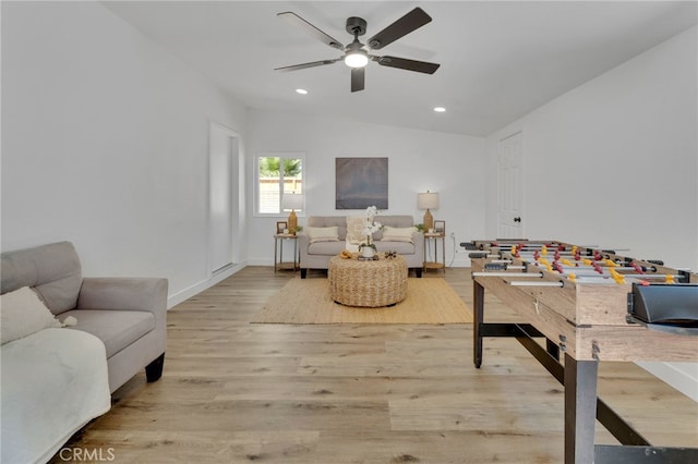 8332 Cherimoya Ave, Fontana, CA 92335 - game room with a ceiling fan, recessed lighting, wood finished floors, baseboards, and vaulted ceiling