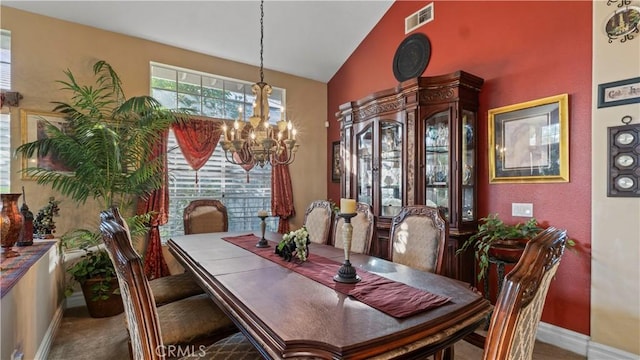 1551 Dominguez Ranch Rd, Corona, CA 92882 - carpeted dining space featuring a chandelier and high vaulted ceiling
