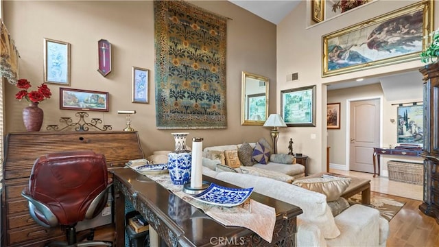 1551 Dominguez Ranch Rd, Corona, CA 92882 - living area with wood finished floors and high vaulted ceiling