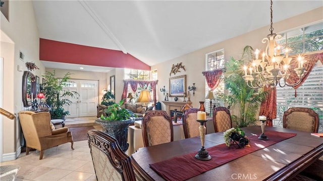 1551 Dominguez Ranch Rd, Corona, CA 92882 - dining space featuring a chandelier, high vaulted ceiling, and light tile patterned floors