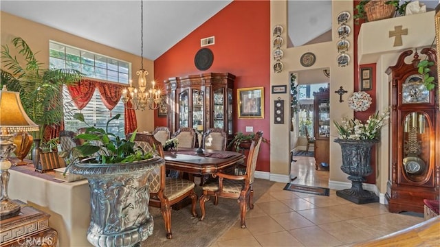 1551 Dominguez Ranch Rd, Corona, CA 92882 - dining space featuring high vaulted ceiling, a chandelier, and light tile patterned flooring