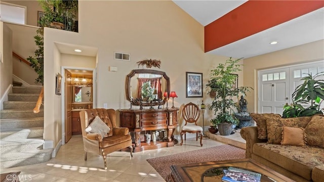1551 Dominguez Ranch Rd, Corona, CA 92882 - living room featuring high vaulted ceiling, stairway, tile patterned floors, and recessed lighting