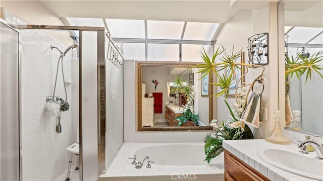 1551 Dominguez Ranch Rd, Corona, CA 92882 - full bath featuring a stall shower, a bath, and vanity