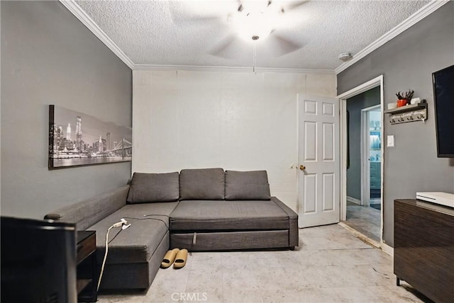 12737 Cometa Ave, San Fernando, CA 91340 - living area with crown molding, a textured ceiling, and ceiling fan