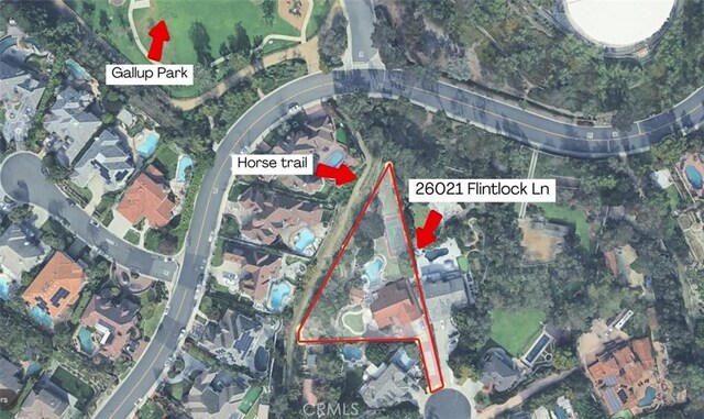 26021 Flintlock Ln, Laguna Hills, CA 92653 - aerial view of property's location with property parcel outlined