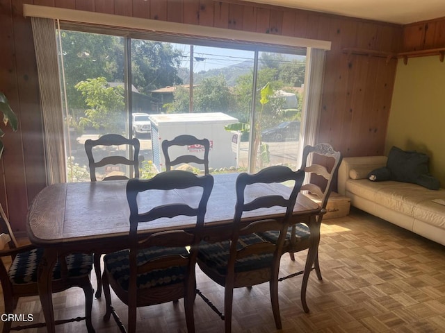 dining area with wooden walls and healthy amount of natural light