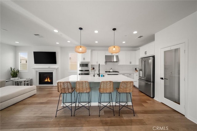kitchen with appliances with stainless steel finishes, open floor plan, under cabinet range hood, recessed lighting, and light wood-style floors