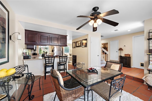 3340 E Collins Ave Unit 30, Orange, CA 92867 - dining area featuring ceiling fan, stairs, light tile patterned floors, and recessed lighting