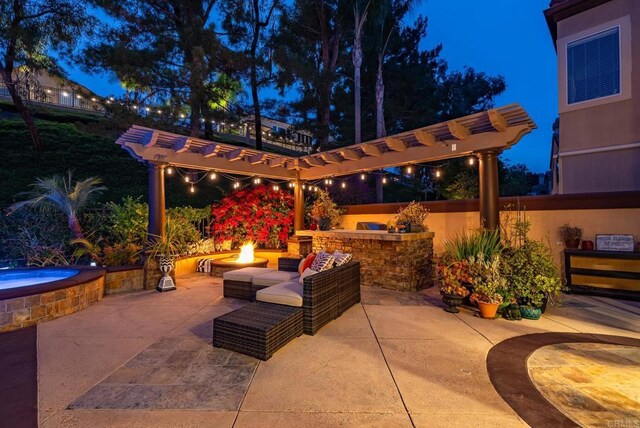 26395 Marsala Way, Mission Viejo, CA 92692 - patio at twilight featuring a fire pit, an outdoor hot tub, and a pergola