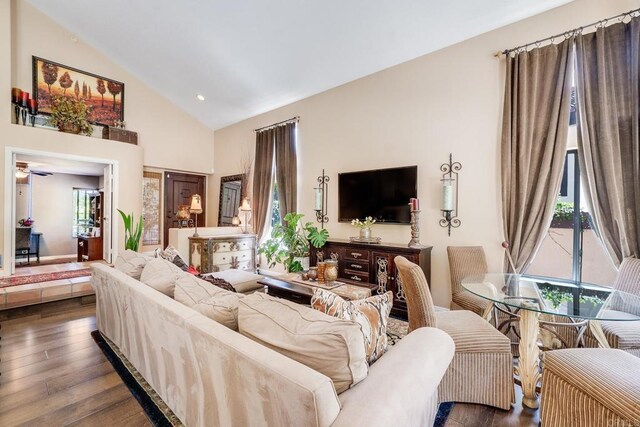 26395 Marsala Way, Mission Viejo, CA 92692 - living room featuring hardwood / wood-style floors, high vaulted ceiling, ceiling fan, and recessed lighting