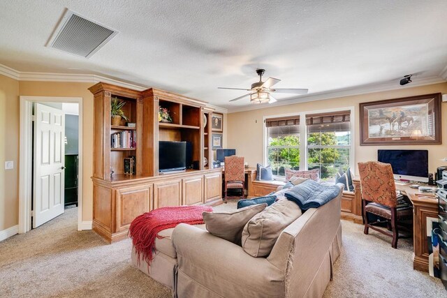 26395 Marsala Way, Mission Viejo, CA 92692 - living room with a desk, light colored carpet, a ceiling fan, and crown molding