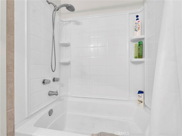 full bathroom with shower / bathtub combination with curtain