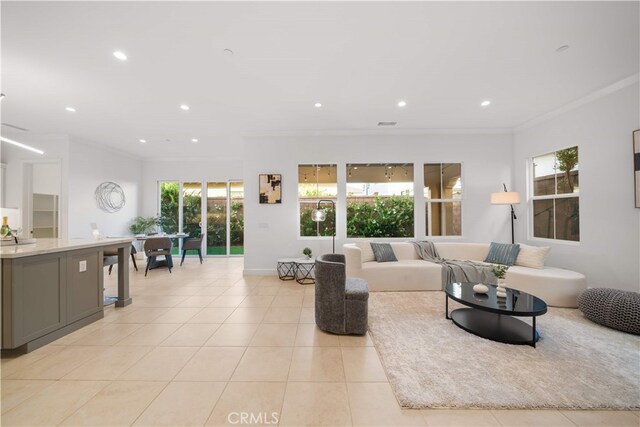 112 Turning Post, Irvine, CA 92620 - living area with light tile patterned flooring, ornamental molding, recessed lighting, and baseboards