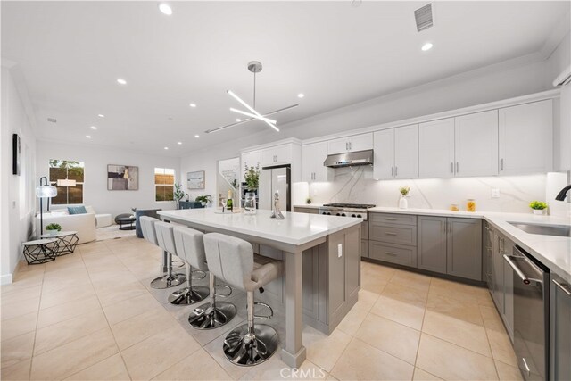 112 Turning Post, Irvine, CA 92620 - kitchen featuring dishwasher, under cabinet range hood, a sink, gray cabinetry, and freestanding refrigerator