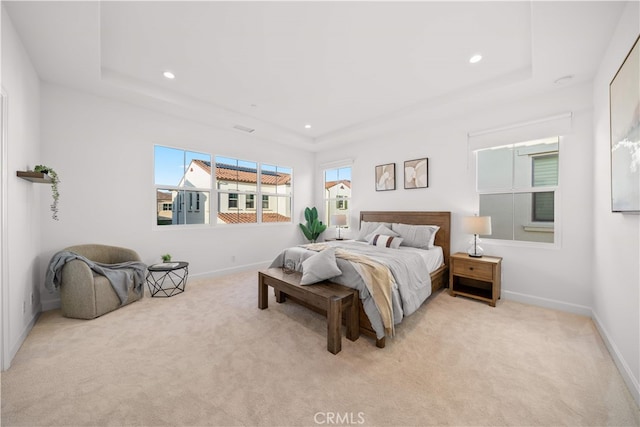 112 Turning Post, Irvine, CA 92620 - bedroom with light colored carpet, a tray ceiling, recessed lighting, and baseboards