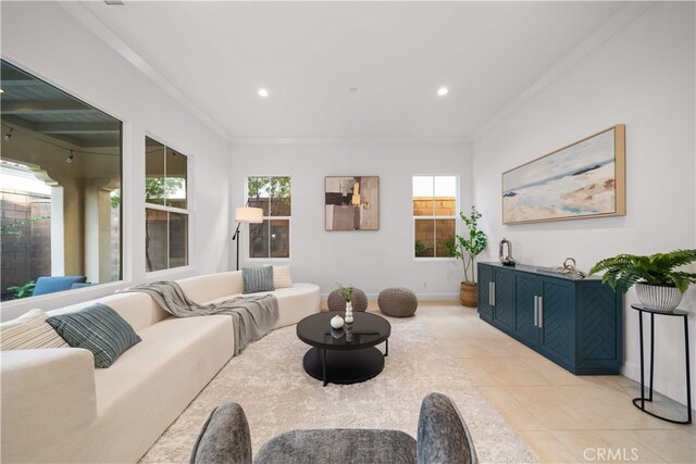 112 Turning Post, Irvine, CA 92620 - living area featuring light tile patterned floors, recessed lighting, ornamental molding, and baseboards