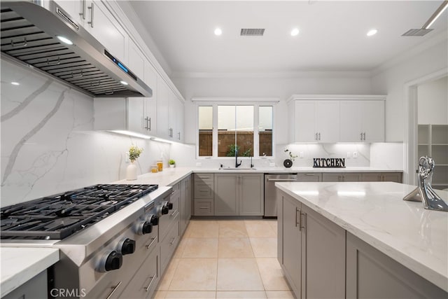 112 Turning Post, Irvine, CA 92620 - kitchen featuring extractor fan, appliances with stainless steel finishes, a sink, decorative backsplash, and gray cabinetry