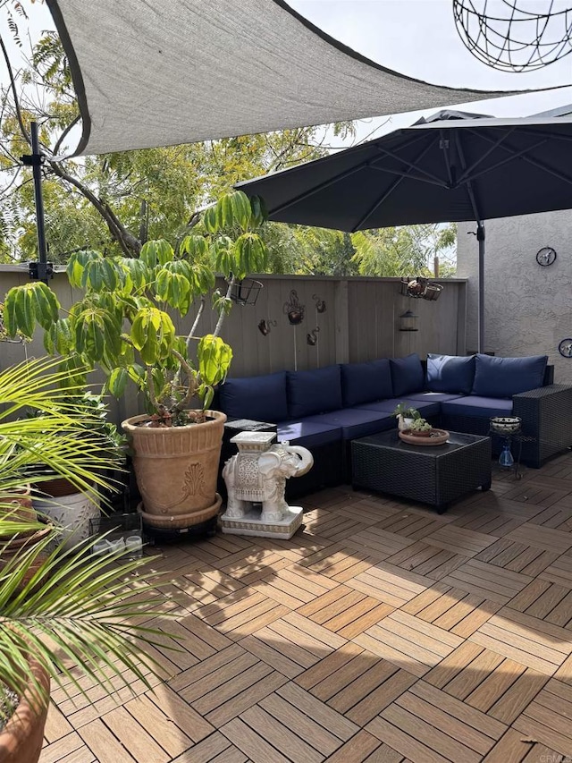 7975 Playmor Ter, San Diego, CA 92122 - wooden terrace with a patio, an outdoor hangout area, and fence