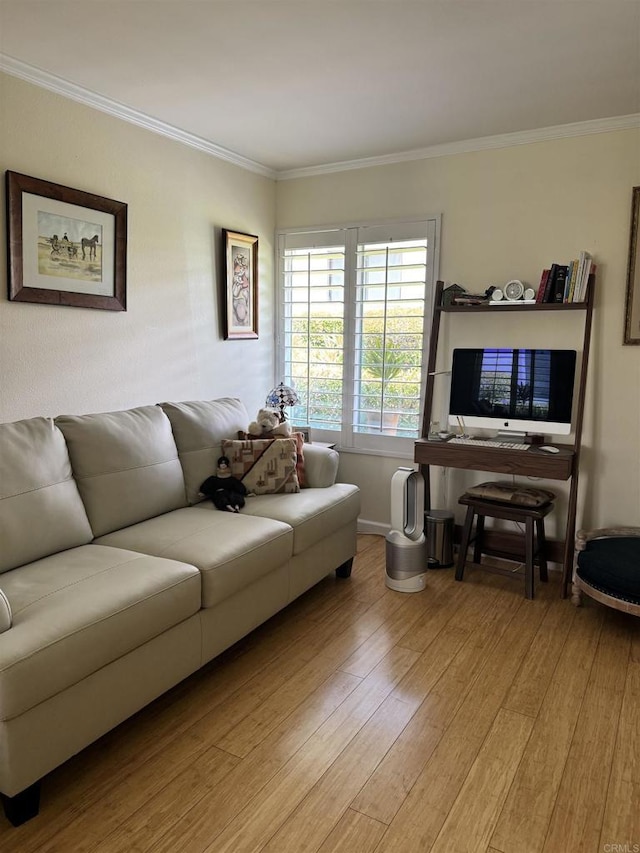 7975 Playmor Ter, San Diego, CA 92122 - living room with light wood-type flooring, crown molding, and baseboards