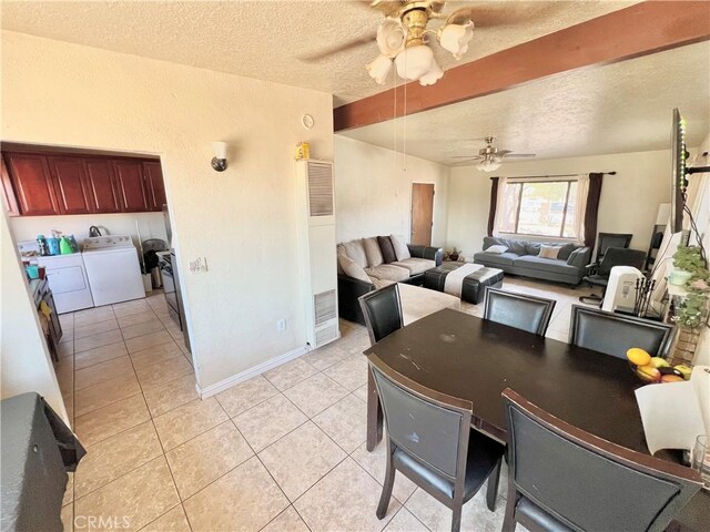 23079 Minnetonka Rd, Apple Valley, CA 92308 - dining room featuring separate washer and dryer, a textured ceiling, a ceiling fan, light tile patterned floors, and a heating unit