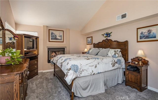 28852 Glenheather Dr, Highland, CA 92346 - carpeted bedroom featuring baseboards, lofted ceiling, and a lit fireplace