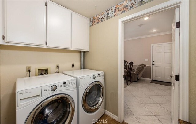 28852 Glenheather Dr, Highland, CA 92346 - washroom featuring cabinet space, washer and dryer, light tile patterned floors, crown molding, and baseboards