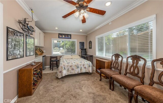 28852 Glenheather Dr, Highland, CA 92346 - bedroom featuring light carpet, ornamental molding, recessed lighting, baseboards, and a ceiling fan