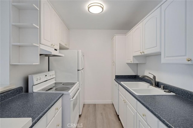 3602 W Estates Ln Unit 306, Rolling Hills Estates, CA 90274 - kitchen featuring white appliances, a sink, under cabinet range hood, open shelves, and white cabinets