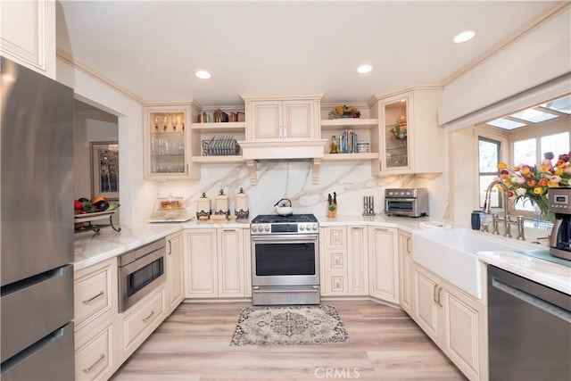 890 El Mirador, Upland, CA 91784 - kitchen featuring stainless steel appliances, open shelves, cream cabinetry, a sink, and recessed lighting