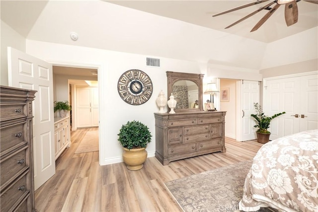 890 El Mirador, Upland, CA 91784 - bedroom featuring baseboards, light wood-style floors, lofted ceiling, and a ceiling fan