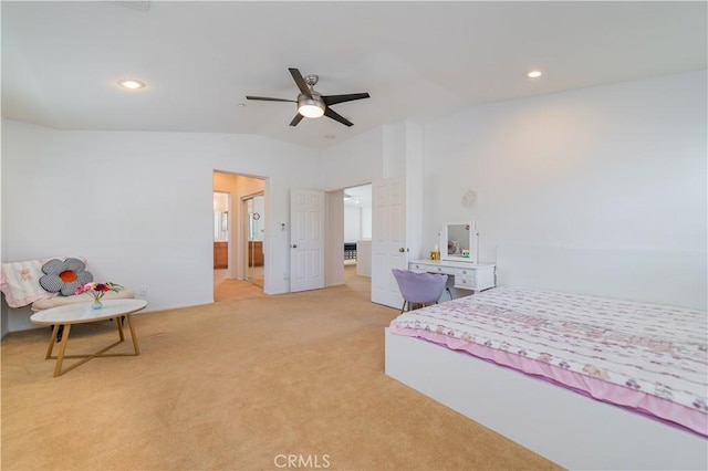 15752 Mimosa Ct, Fontana, CA 92336 - bedroom with lofted ceiling, carpet floors, recessed lighting, and ceiling fan