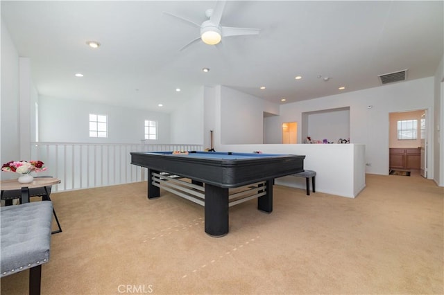 15752 Mimosa Ct, Fontana, CA 92336 - rec room with light carpet, ceiling fan, recessed lighting, billiards table, and vaulted ceiling
