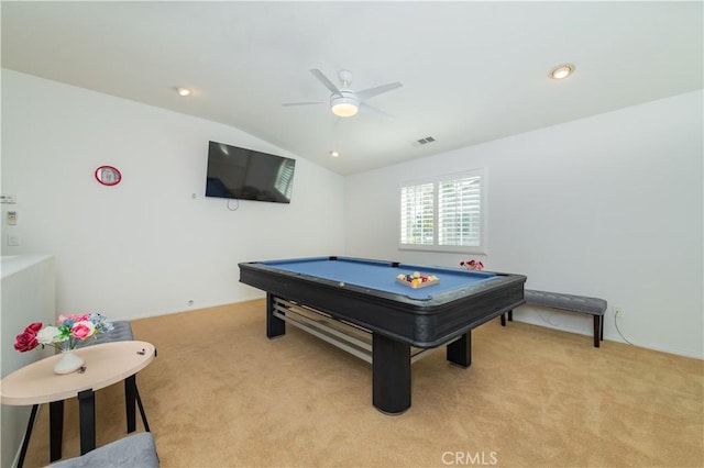 15752 Mimosa Ct, Fontana, CA 92336 - rec room featuring light colored carpet, a ceiling fan, billiards, and lofted ceiling