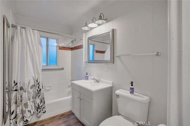 32159 Cove Cir, Running Springs, CA 92382 - full bathroom featuring toilet, vanity, shower / bath combo with shower curtain, and wood finished floors