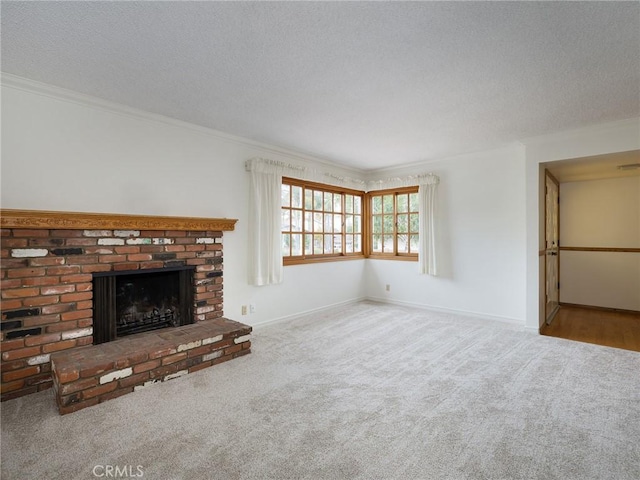 1715 W Santa Cruz St, San Pedro, CA 90732 - unfurnished living room with carpet floors, a fireplace, ornamental molding, a textured ceiling, and baseboards