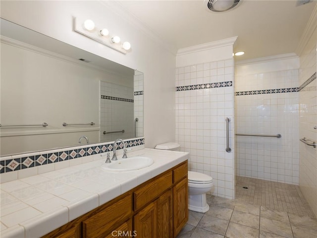 1715 W Santa Cruz St, San Pedro, CA 90732 - full bathroom featuring ornamental molding, a tile shower, tile patterned flooring, toilet, and vanity