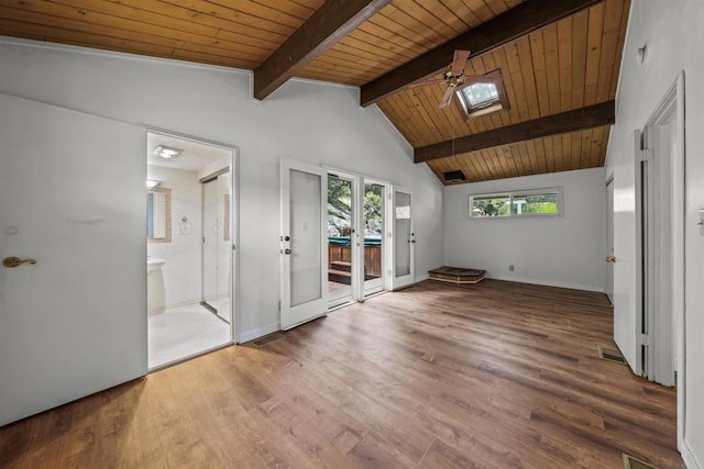 29131 Half Moon Trl, Pine Valley, CA 91962 - empty room featuring wooden ceiling, a ceiling fan, wood finished floors, a skylight, and french doors