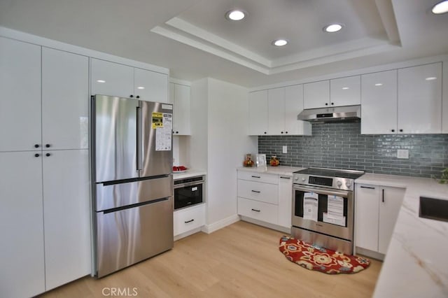 17041 Malta Cir, Huntington Beach, CA 92649 - kitchen featuring stainless steel appliances, a raised ceiling, under cabinet range hood, light wood-style flooring, and tasteful backsplash