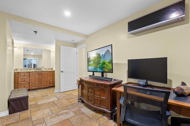 515 S Sierra Ave Unit 130, Solana Beach, CA 92075 - office with a wall mounted AC, stone tile flooring, baseboards, and recessed lighting